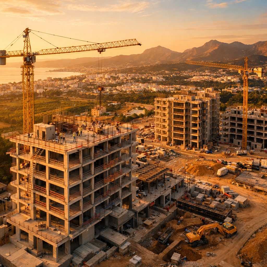 Vídeo aéreo de obra en construcción durante la hora dorada en Levante