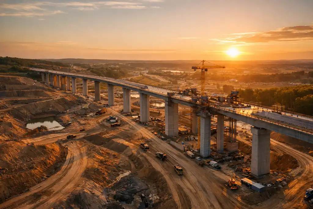 Grabación aérea de obra civil con dron DJI Inspire 3 en hora dorada