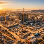 Vista aérea de obra industrial durante la hora dorada con drone DJI Inspire 3