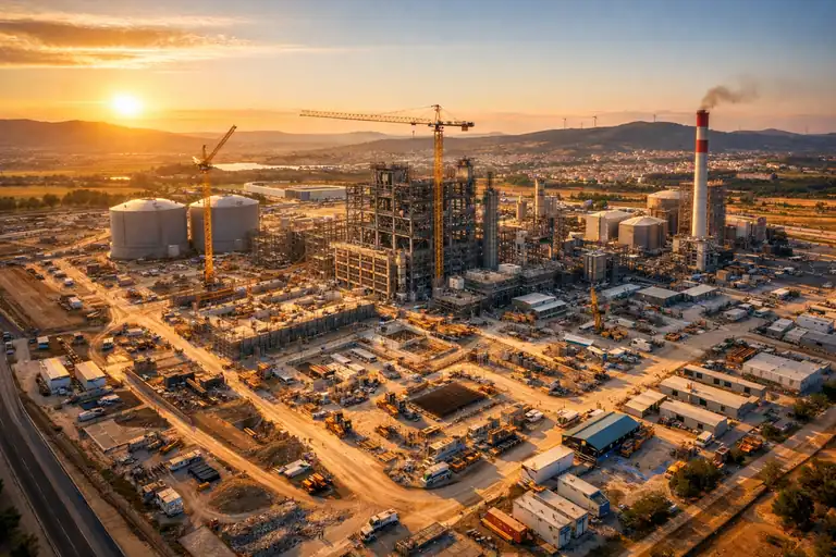 Vista aérea de obra industrial durante la hora dorada con drone DJI Inspire 3