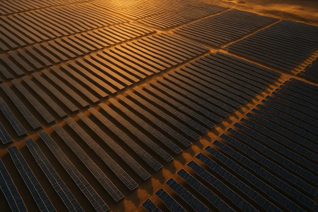 Vista aérea de planta fotovoltaica de gran escala con drone