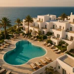 Vista aérea de hotel premium grabada con drone profesional