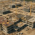 Vista aérea de obra de construcción profesional con drone