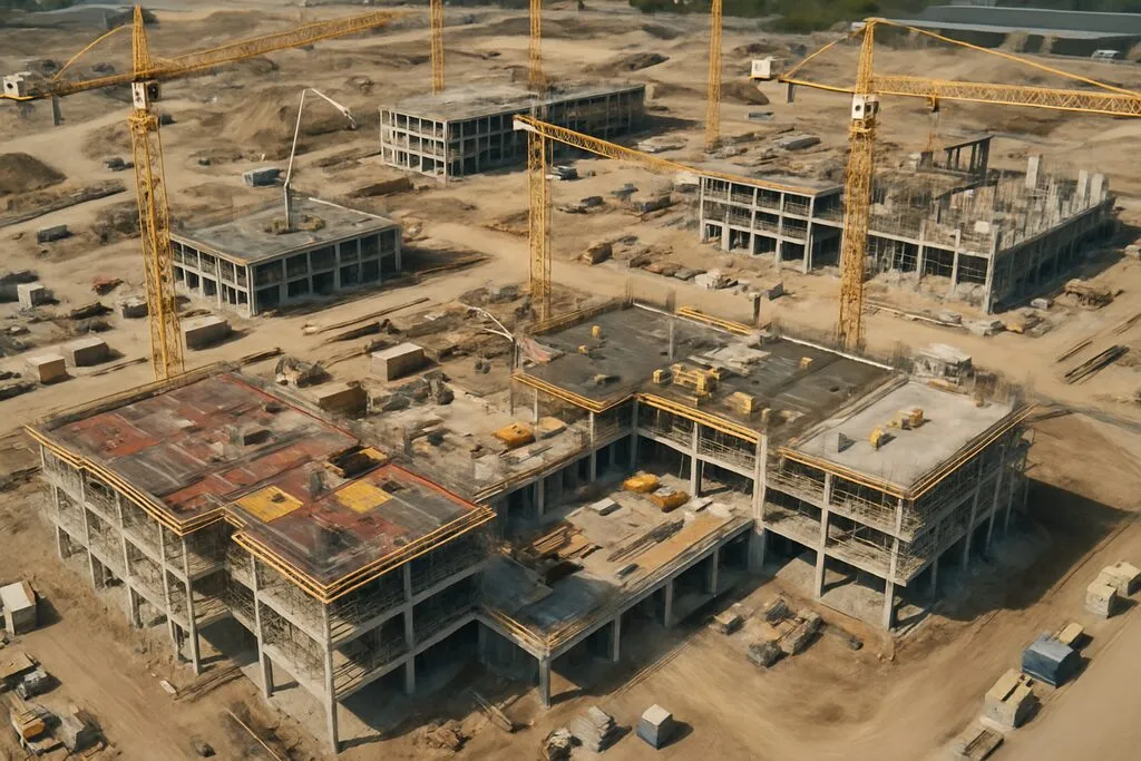 Vista aérea de obra de construcción profesional con drone