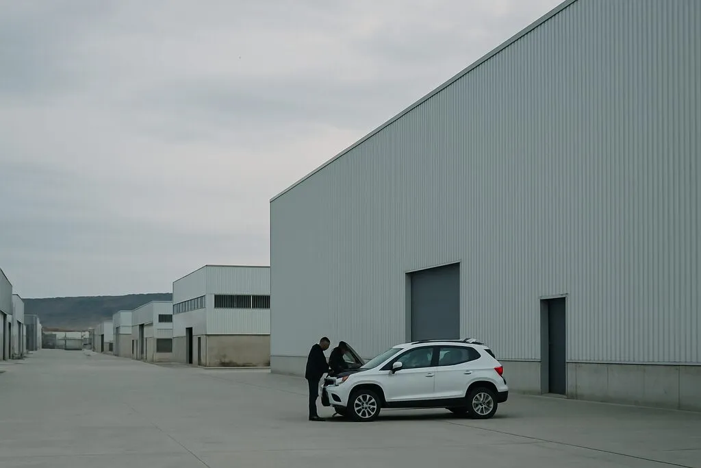 Equipo de Dronefy operando un drone en un polígono industrial español