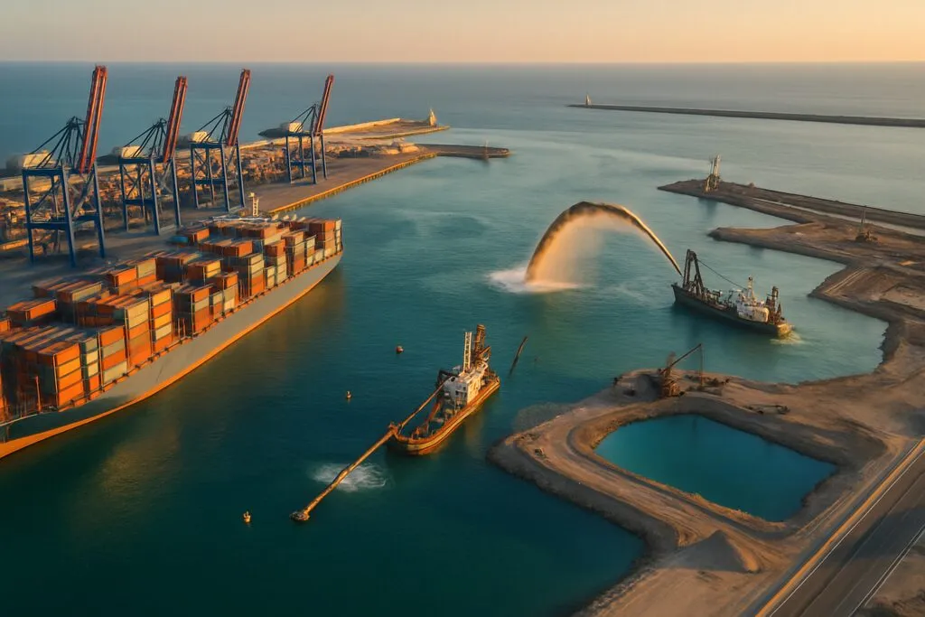Vista aérea de obra portuaria y terminal de contenedores con drone