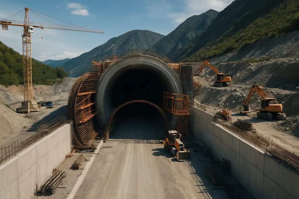 Vídeo aéreo de túnel ferroviario o viario en construcción