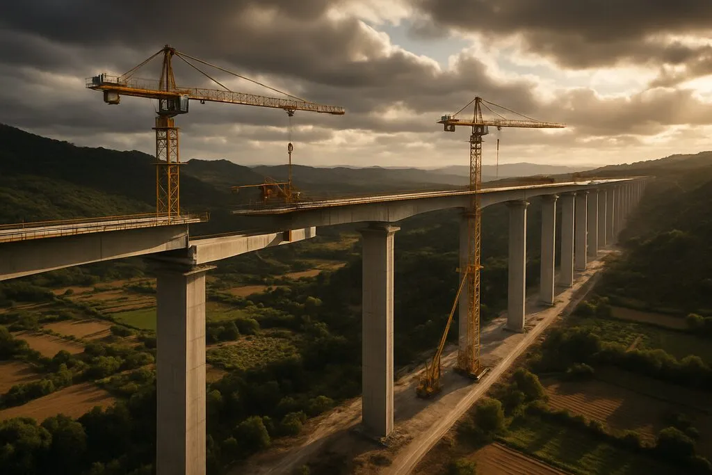 Vídeo aéreo de viaducto en construcción con drone