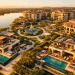 Vídeo aéreo de promoción inmobiliaria premium durante la hora dorada